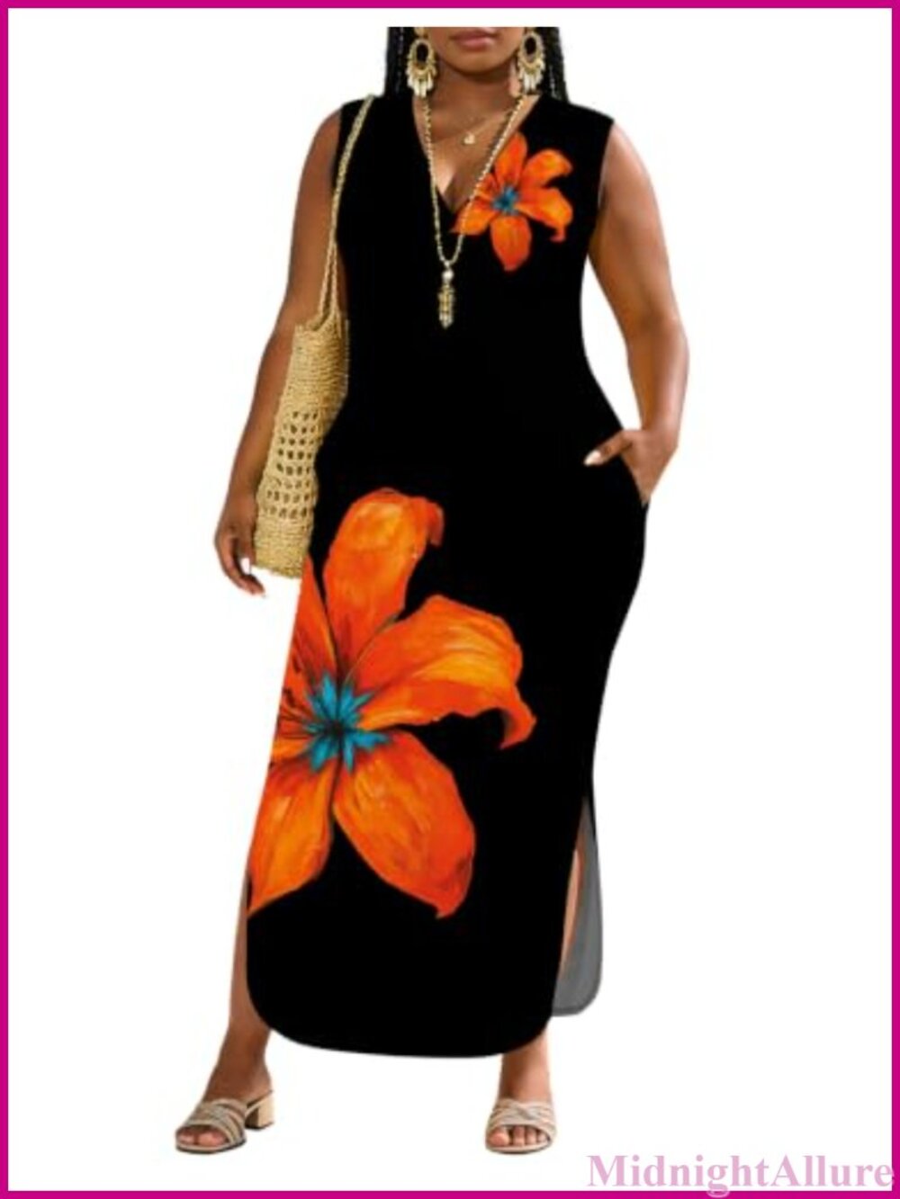 Plus Size Maxi Dress V-Neck Sleeveless Beach Sundress with Pockets